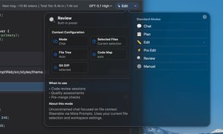 Chat preset menu for choosing instructions and included context