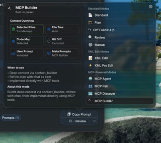 MCP Builder copy preset in RepoPrompt — MCP Builder Workflow documentation illustration