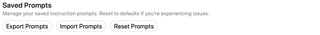 Export Prompts, Import Prompts, and Reset Prompts buttons