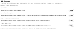 URL Opener examples for folders, file selection, ephemeral workspaces, and saved prompts