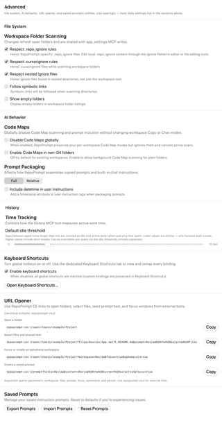 Full Advanced pane showing filesystem, AI behavior, history, shortcuts, URL opener, and saved prompts