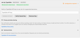 Jev service card with Model Router and Auto Effort selection badges, API key controls, privacy disclosure, and technical limits