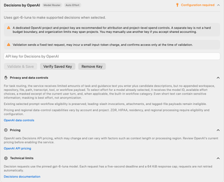 Decisions by OpenAI card with project-key and validation notices, credential controls, privacy and data controls, pricing, and technical limits