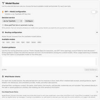 Model Router status, decision-service selector, paid Fast option, routing configuration, custom guidance, and sharing disclosures