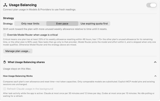 Usage Balancing switch, three strategies, critical-usage override, Manage plan usage, and background-refresh controls