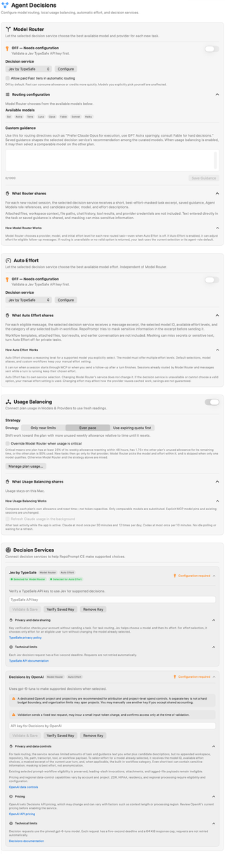 Agent Decisions pane with Model Router, Auto Effort, Usage Balancing, and expanded decision-service cards