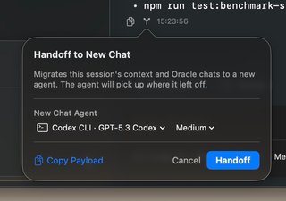 Handoff dialog showing session context and Oracle chats moving to a new agent