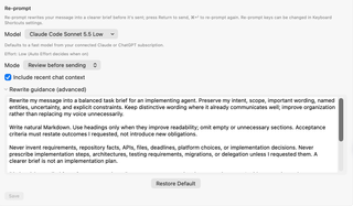 Re-prompt model, mode, recent-context option, rewrite guidance, and Save controls