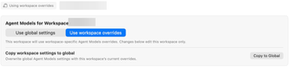 Agent Models scope selector and Copy to Workspace control