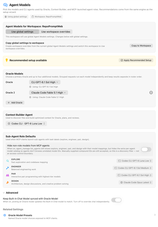 Agent Models settings with workspace scope, recommendations, Oracle roster, Context Builder, and sub-agent role defaults