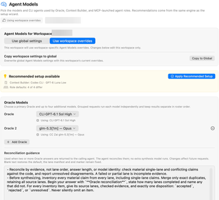 Agent Models workspace scope, recommendations, and Oracle roster; workspace names blurred