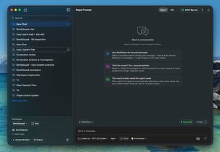 Agent Mode new session screen showing workflow tips, oracle chat, and file tracking features