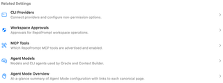 Links to CLI Providers, Workspace Approvals, MCP Tools, Agent Models, and Agent Mode Overview