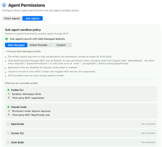 Agent Permissions Sub-Agents tab showing policy selection, Safe Managed preview, effective profiles, and related settings