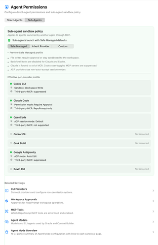 Agent Permissions Sub-Agents tab showing policy selection, Safe Managed preview, effective profiles, and related settings