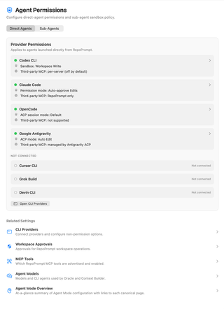 Agent Permissions Direct Agents tab showing provider summaries, disconnected providers, and related settings