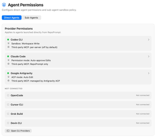 Direct Agents tab showing connected provider summaries and unavailable providers