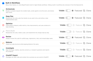 Built-in workflow rows with Visible, Feature, and Clone controls