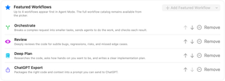 Featured workflow list with Add Featured Workflow, ordering arrows, and Remove