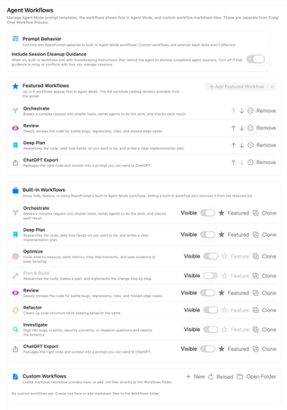 Agent Workflows settings with cleanup guidance, featured workflows, built-in visibility, and custom workflow controls