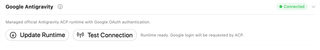 Google Antigravity panel with Update Runtime and Test Connection buttons