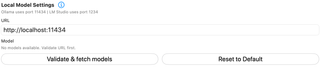 Local model URL, model selector, Validate and fetch models, and Reset to Default