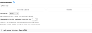 OpenAI key controls, Service Tier, service-tier variant switch, and custom base URL disclosure