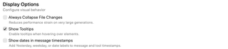 Display Options with collapse file changes, tooltips, and timestamp date switches