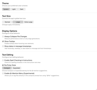 Full Appearance pane showing theme, text size, display options, and text editing