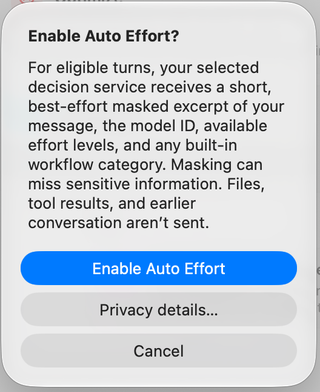Enable Auto Effort confirmation explaining the excerpt, model ID, effort choices, workflow category, and privacy controls