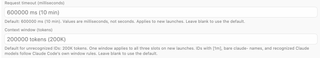 Custom backend request timeout and context-window settings