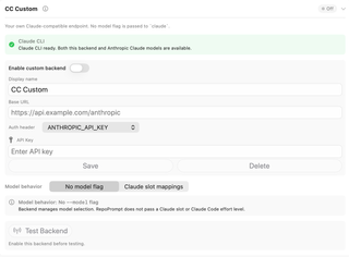 CC Custom backend panel with enable switch, display name, endpoint, authentication, model behavior, and backend test