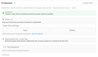 CC Moonshot backend panel with API key controls, model behavior, backend test, and Advanced disclosure