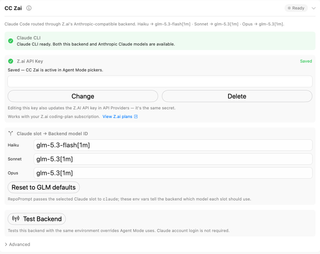CC Zai backend panel with credential controls, model-slot mappings, backend test, and Advanced disclosure; saved key field cleared