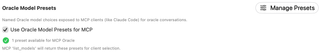 Oracle Model Presets enable switch, availability count, and Manage Presets button