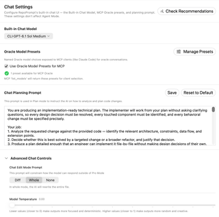 Chat Settings showing the built-in model, Oracle presets, planning prompt, edit mode, and temperature