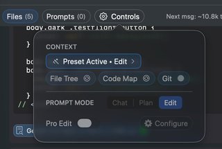 Manual preset controls showing individual toggles for system prompt, file tree, git, and codemaps