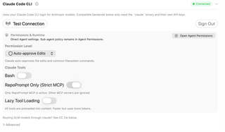Claude Code CLI settings panel with connection buttons, permission level, tool switches, and Advanced disclosure