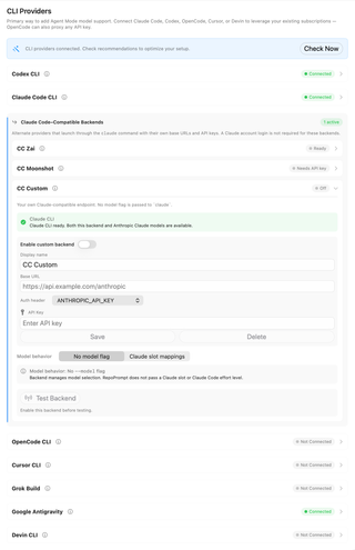 Full CLI Providers settings pane showing the setup banner, all provider rows, and expanded custom backend controls