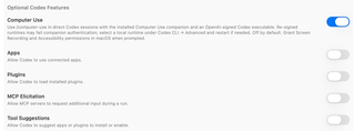 Optional Codex features, including Computer Use and connected-app controls