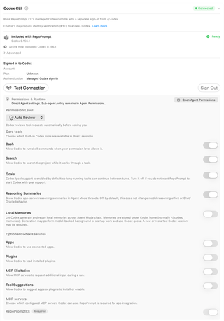 Codex CLI settings panel with runtime, sign-in, permissions, tools, optional features, and MCP server controls; account value removed