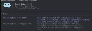 Claude Code showing RepoPrompt slash commands for implementation and bug investigation workflows
