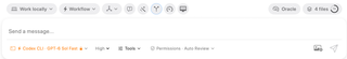 Message composer with execution location, workflow, context, model, effort, tools, and permission controls