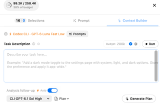 Context Builder tab with discovery model, Prompts, Task Description, Budget, Run, and analysis follow-up controls