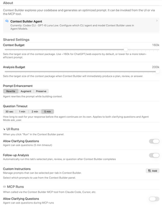 Context Builder settings showing shared budgets, enhancement, question timeout, and separate UI and MCP run options