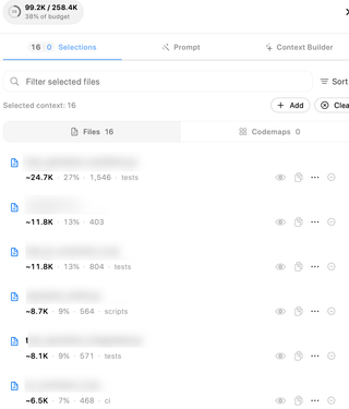 Selections tab with file filtering, sort, Add and Clear, file and Code Map counts, and per-file context sizes