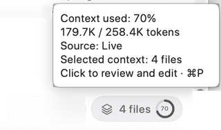 Context indicator tooltip showing live usage, token capacity, selected file count, and the Context Composer shortcut