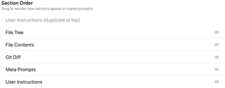 Draggable File Tree, File Contents, Git Diff, Meta Prompts, and User Instructions rows