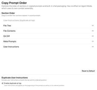 Copy Prompt Order showing section order, reset action, and duplicated instructions option