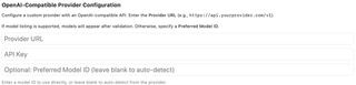 Custom API provider URL, key, and optional preferred model identifier